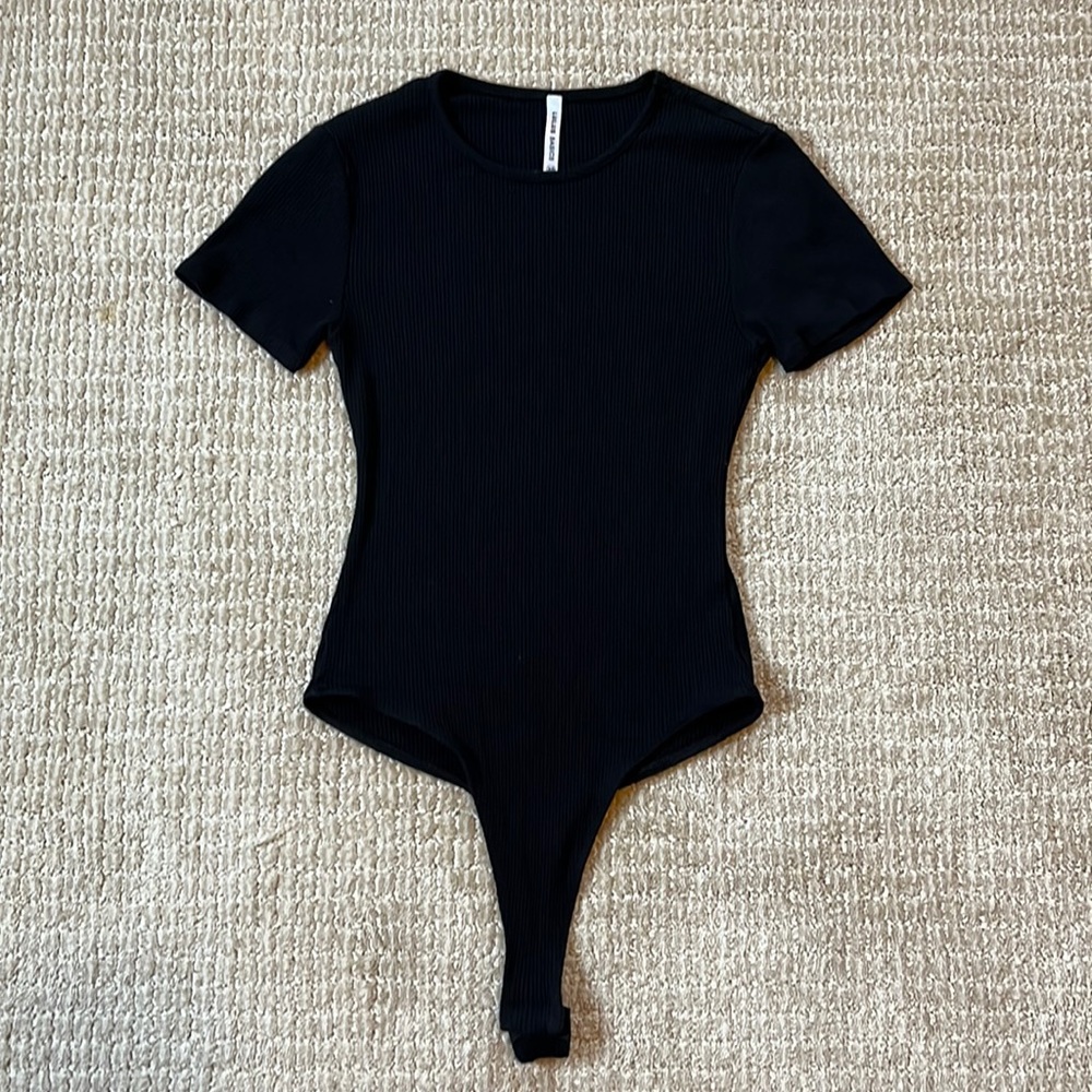 Lulu’s Basics Ribbed Knit Black Thong Bodysuit
